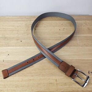 Florsheim Mens Brown Leather Gray Cotton Belt 42 Silvertone Buckle Preppy Office